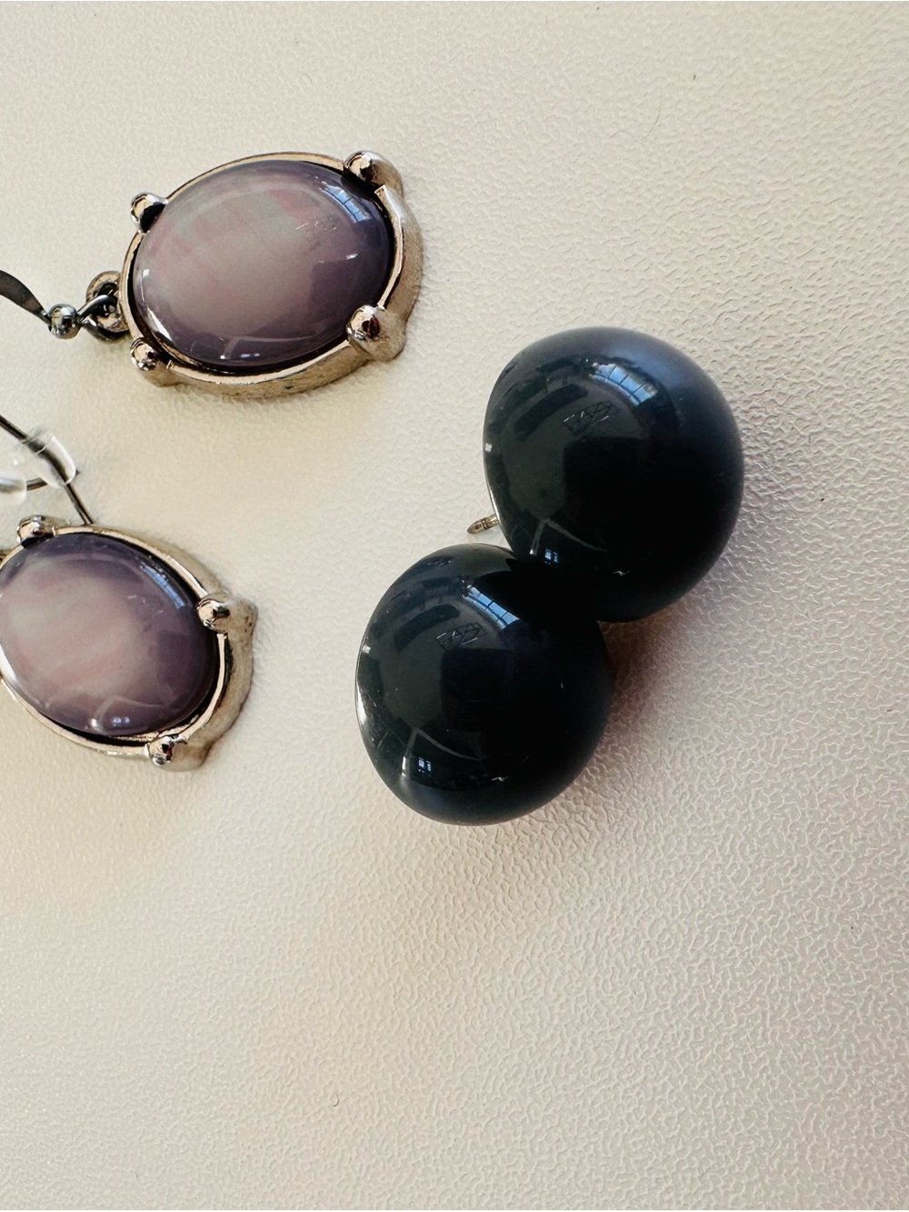 Grey Double-Ball Stud Earrings with Oval Dangle Earrings